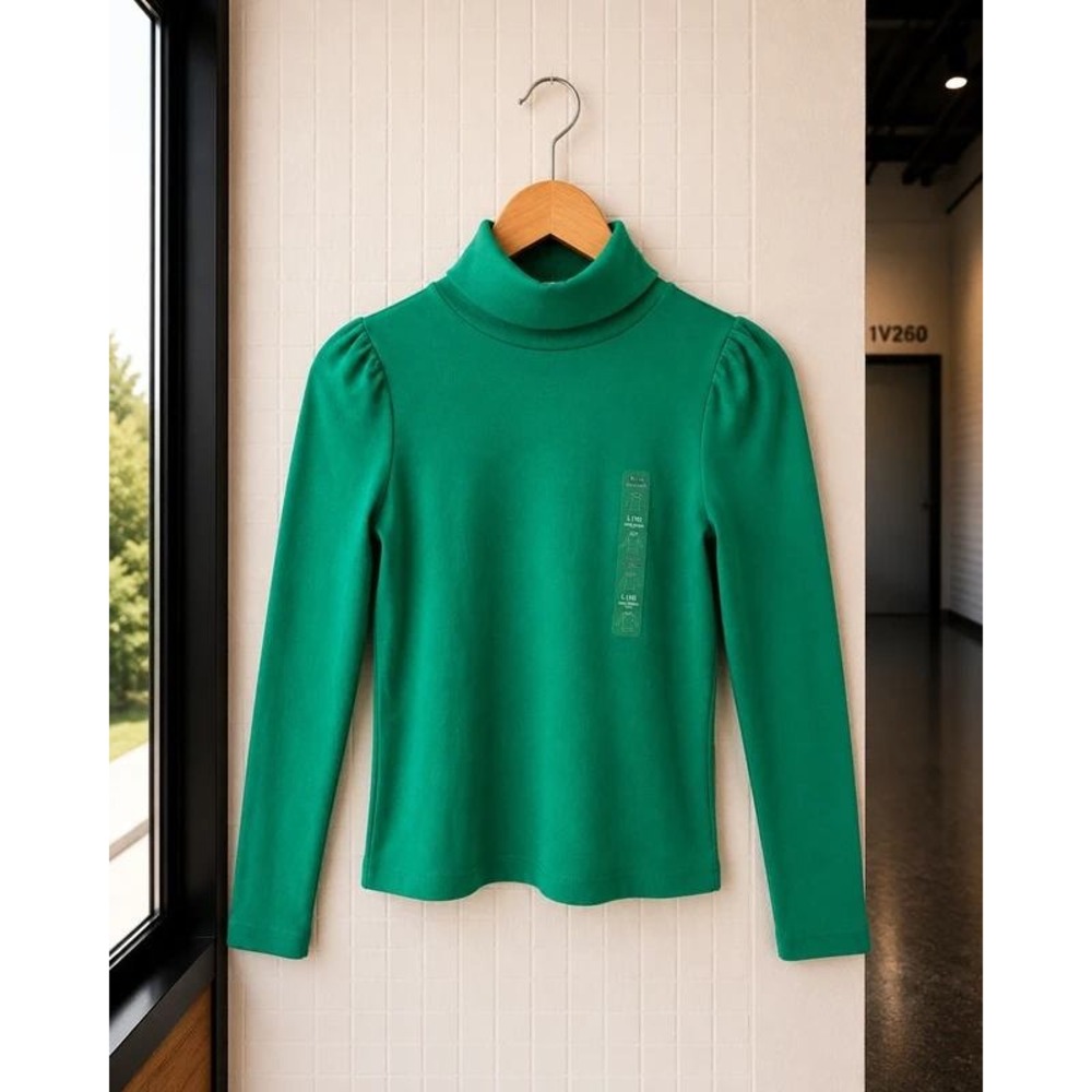 Gap Kids Girls Holiday Green Ribbed Puff Sleeve Turtleneck Top Size L 10 NWT